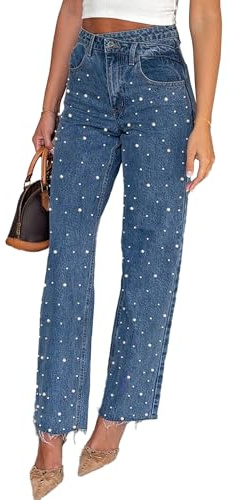 Juankrynord Jeans da Donna Elasticizzati con Perle Larghi e Larghi Casual con Perline Dritti a Gamba Larga Elasticizzati per Feste e Clubwear con Orlo Grezzo (Blue,S)