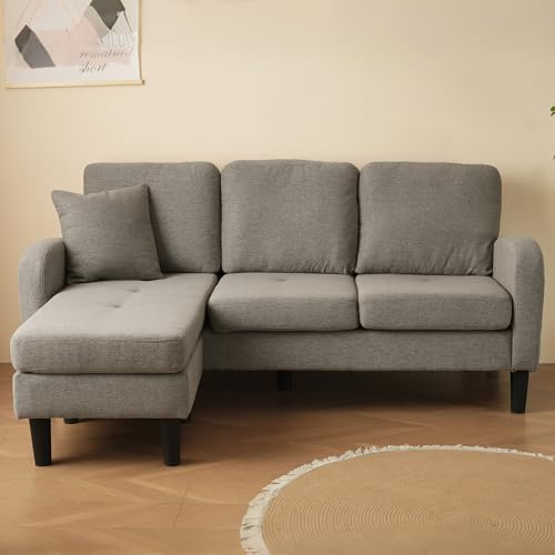 L-förmiges Ecksofa mit Chaiselongue–3-Sitzer Sofa(166 x 118 x 77 cm)Atmungsaktiver Baumwoll-Leinenstoff,Kunststoffbeine,Modulares Design,Ideal für Wohnzimmer,Apartments und Büros (Antique Dark Grey)