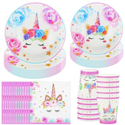 Hmfmdy Ensemble de Vaisselle de Fête Licorne, 50 Pièces Décoration de Fête Licorne, Vaisselle D'anniversaire pour Enfants Avec Assiettes, Gobelets Serviettes Papier, Fournitures de Table 10 Invités