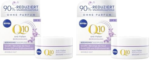 NIVEA Q10 Tagespflege, parfümfreie Tagescreme mit LSF 15, straffende Gesichtspflege mit Süßholzextrakt für sensible Haut, Q10 Anti-Falten BERUHIGUNG Beruhigende Tagespflege (50 ml) (Packung mit 2)