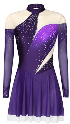Oyolan Vestito da donna Pattinaggio Artistico Danza Body Manica Lunga Strass Vestito Danza sul Ghiaccio Body Ginnastica Colore Gradiente, viola., S