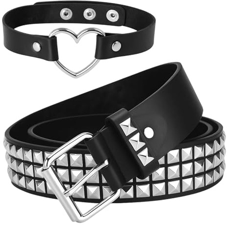 QhgPnt 2-Piece Studded Belt Set, Punk Rock Accessories for Men and Women, Gothic Emo Style Adjustable Collar and Waist Belt, Perfect for Costume Parties and Daily Wear