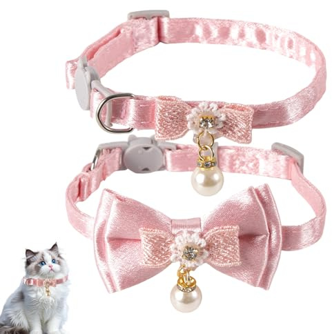 2stk Entzückende Katzenhalsbänder Schleife, Verstellbares Abnehmbares Kätzchen Zubehör mit Perlenanhänger Abnehmbare Rosa Halsbänder mit Fliege für Katzenmädchen