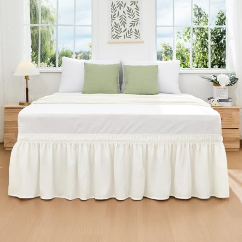 King Valance Sheet 152 x 200 cm, Pleated Elastic Wrap Bed Skirt, Ivory | 38 cm Drop Hides Underbed Storage, No Mattress Lifting, Soft Microfiber, Durable, Machine Washable, Neat Bedroom Look