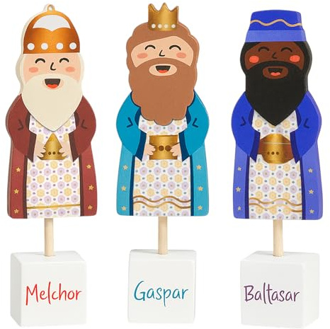 TIENDA EURASIA – Reyes Magos | Medidas Colgantes 4.3x0.3x10 cm y Figuras 3M 4.2x3x16 cm | Material Madera | Multicolor | Decoracion Navidad (Figuras Reyes Magos)