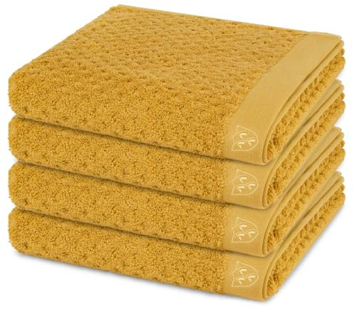 Ross Harmony 4er Set Handtücher – 50x100 cm, Walkfrottee 520 g/m², 100% Baumwolle – Saugstark, Voluminös & Weich, Hautfreundlich mit Eleganter Saum-Stickerei – Luxuriöse Badtextilien - Senf