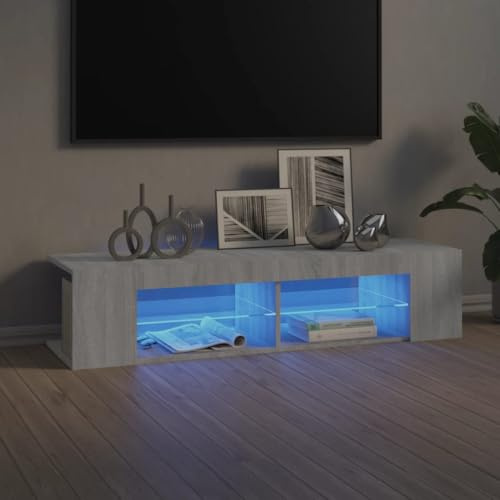 Meuble TV Moderne avec Lumières LED RGB, Meuble Télé Gris Sonoma 135 cm, Rangement Multimédia pour Salon et Salle de Jeux, Design Tendence en Bois d'Ingénierie et Verre, Facile à Nettoyer