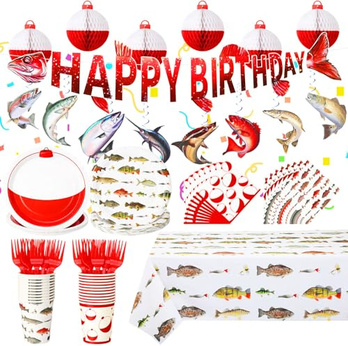 FoldTier 136 Pcs Gone Fishing Party Decorations Tableware Set Include Plates, Cups, Cutlery, Banner, Tablecloth, Honeycomb Balls for Ofishally One Birthday Decorations, Serves 24 Guests