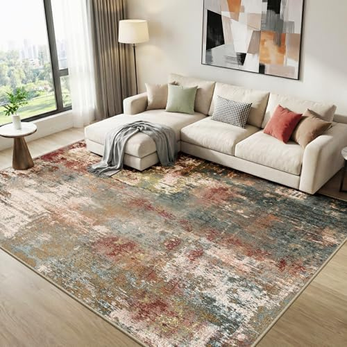 DEFYNEE Tappeto da soggiorno 120 x 180 cm, antiscivolo, a pelo corto, design astratto, lavabile, per camera da letto e ufficio, colore marrone rossastro
