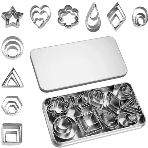 Agvdg 30Pcs Mini Cookie Cutters Set, Stainless Steel Small Cookie Cutters for Baking, 10 Geometric Flower Star Heart Cutters for Baking, Biscuits & Polymer Clay with Storage Tin Box