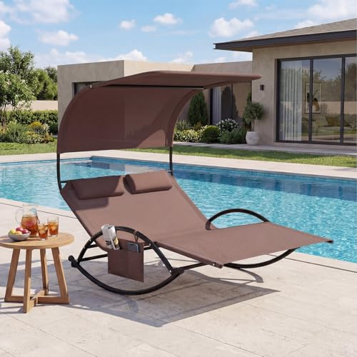 FANTASK Sonnenliege für 2 Personen, Doppelliege mit Dach, Seitentasche und 2 abnehmbaren Kopfstützen, Schaukelliege bis 300 kg belastbar, für Garten und Terrasse (Braun)