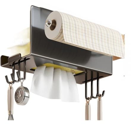 Lecreatekit Soporte para pañuelos de cocina montado en la pared, sin taladro, dispensador de toallas de papel de acero al carbono con gancho lateral para ambientes húmedos, color gris