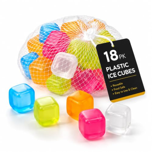 MAR Reusable Ice Cubes 18 Pack – Coloured Cubes for Drinks, BBQ & Party | 18 reusable coloured plastic ice cubes in 5 colours. Fast-freezing, chill drinks without diluting. Freeze, use, wash & reuse.