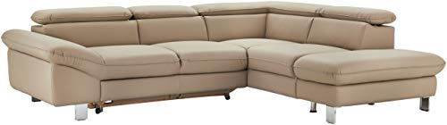 Mivano Ecksofa Driver mit Ottomane rechts, Ledercouch mit Bettfunktion und Bettkasten klein / Inkl. verstellbare Kopfstützen, 266 x 73 x 214, Kunstleder, Hellbraun