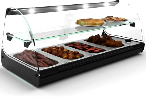 MBH - Vitrina calienta Tapas 2 Pisos 4 bandejas baño Maria con luz LED para hostelería. Vitrina expositora de Tapas Calientes sobre mostrador con 1 estrante para Bar y Restaurante.