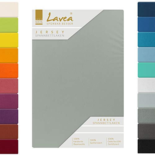 Lavea® Jersey Topper Spannbettlaken, Spannbetttuch, Serie Maya, 100% Baumwolle, hochwertige Verarbeitung, mit Gummizug und OekoTex100 200x220cm, Mittelgrau