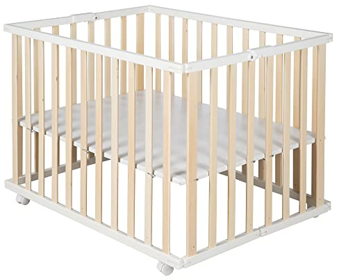 roba Parc Pliant en Bois - Aire de Jeux 74x100 cm - Parc Pliable Rectangulaire peu Encombrant - Roulettes Incluses - Bicolore