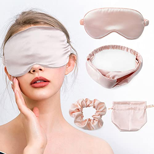 IYOU Soie Dormir Masques de sommeil en soie Set avec Bandeaux et cheveux Chouchous Champagne Cache-œil Mûre Soie Voyage Sieste Blackout Dormir Oeil Masque de sommeil pour Femmes et filles