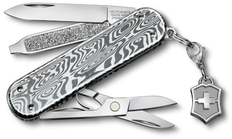 Victorinox Taschenmesser Classic SD Brilliant, 5 Funktionen, Klein, Swiss Made, Multitool mit Schere, Inkl. Geschenkbox, Damast