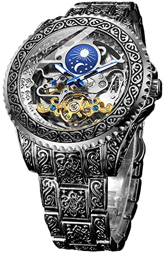 Forsining Retro herrklocka snidade självvind mekanisk tatuering Tourbillon fas måne oberoende andra automatiska skelett stor urtavla armbandsur silver,