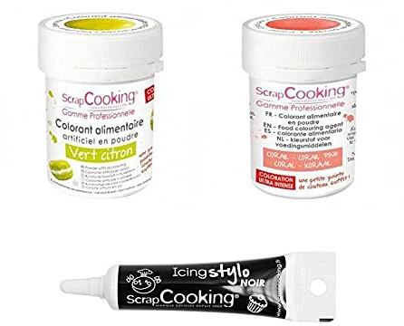 2 coloranti alimentari in polvere verde lime-corallo + penna per glassa nera