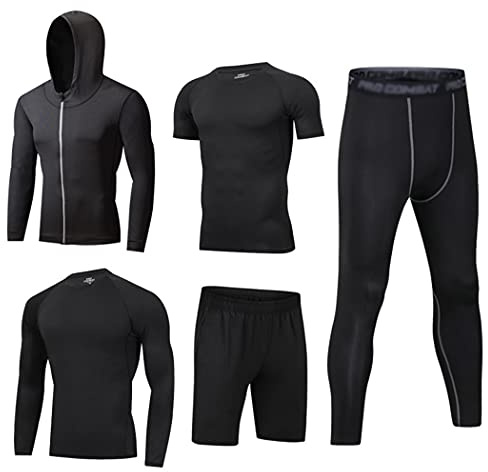 HZQIFEI Herren 5 Stück Fitness Trainingsanzüge Anzug Kompressionsshirt Sportbekleidung Schnelltrocknend Atmungsaktiv für Running Gym Fitness