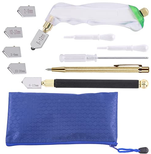 Tanstic 13Pcs Glass Cutting Tool Kit, Pistol Grip & Pencil Style Glass Cutter, 3 Sizes Cutter Heads(2-20mm), Tungsten Scribe Pen, Oil Dropper, Screwdriver with Blue Storage Bag for Glass Cutting