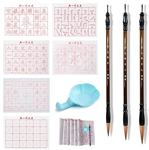 XCSJ 10 Pcs Chinesisches Kalligraphie-Pinsel-Set Sumi Zeichenpinsel Mit 3 Chinesische Pinsel, 1 Wasserschale, 6 Schreibtuch Papier, Chinesisches Kalligraphie Set Für Anfänger, Studenten, Künstler
