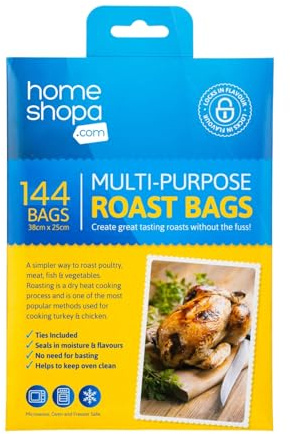 Homeshopa Roasting Cooking Bags with Clips, 144 Piece Turkey Chicken Oven Bag for Meat Poultry Fish Ham Seafood Vegetable Chicken Oven Cooking Bags, Oven & Microwave Safe, Transparent 38 x 25 cm