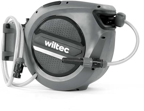 XPOtool Portatubo da giardino con avvolgitore automatico, avvolgitubo da parete con tubo da 30m, avvolgitore per tubo acqua