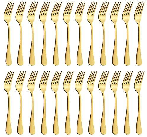 BEWOS Forks 24 Pieces, Stainless Steel Matt Gold Forks Set, 8 Inches (20.3 Cm), Mirror Polished, Dishwasher Safe, Suitable for Household, Restaurant, Canteen