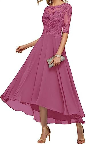 Vestido de encaje para madre de la novia, mangas 3/4, longitud del té, gasa, formal, boda, fiesta, graduación, vestidos para mujer, fucsia, 42