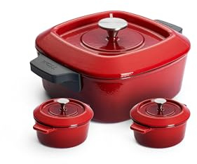 Woll Iron Set 3-teilig, bestehend aus Kasserolle viereckig, 24 x 24 cm, 9,5 cm hoch, und zwei Mini-Kasserollen, Ø 10 cm, 5 cm hoch - Geeignet für alle Herdarten, rot