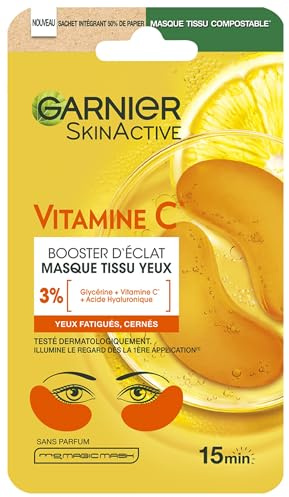 GARNIER Skin Active - Masque Yeux Booster D'Éclat - Illumine Le Contour Des Yeux - Réduit Les Cernes - Enrichi En Vitamine C, Glycérine & Acide Hyaluronique - Vegan & Cruelty Free - Tissu Compostable