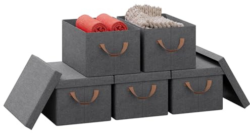 WOLTU Aufbewahrungsbox mit Deckel 5 Stück, mit Griffen, Grau, 38x27x20cm | aus Polyesterstoff, für Schlafzimmer, Arbeitszimmer, Wohnzimmer, Organizer Box mit Griffen, faltbar,