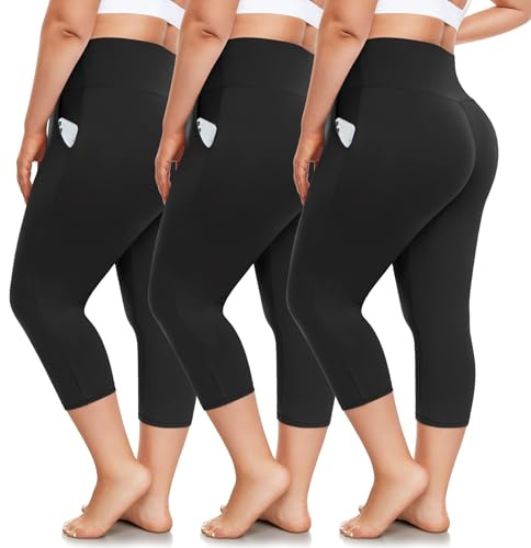 3 Pack Plus Size Capri Leggings with Pockets for Women -High Waist Stretchy 1X-4X Workout Yoga Pants(3XL,BLK)