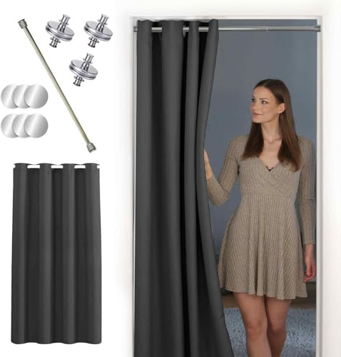 tinycurtains, Thermo Türvorhang mit Vorhangstange & Magneten zum Abdichten, einfache Montage ohne Bohren in 1 Min (195 x 150 cm anthrazit + Stange Silber 55-90 cm + 6 Magnete)