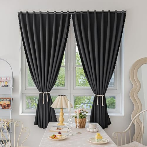 Jilron Magic Tape Stick on Curtains Blackout Curtains for Bedroom no Drillng Self Adhesive Curtain no Rod Small Window (Black, 35 W x 40 L) 2 Panels
