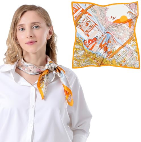 Bezioner Seidentuch 100% Maulbeerseide Schal Damen Seidentuch Haare 68x68cm Bandana Halstuch Quadratisch Kopftuch Mädchen Orange/Gelb/Blau