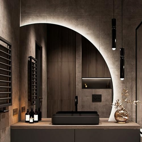 3 Farben Wechselnde LED Beleuchtete Spiegel,Mode Halbrunde Badezimmer Spiegel,50CM|60CM|70CM|80CM Wandspiegel,Kosmetikspiegel Mit Touch Switch, Für Badezimmer, Schlafzi(Size:70cm,Color:Linker Schnitt)