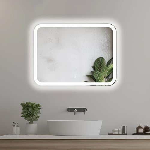 Home Glow Horizontal LED Badspiegel 80 × 60 cm, Frontbeleuchtung | Badezimmerspiegel mit Beleuchtung, LED Wandspiegel, Touchschalter, Dimmbar, Neutralweißes Licht, Abgerundete Ecken