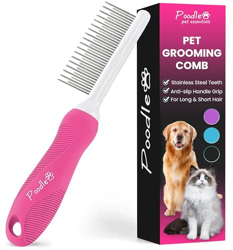 Poodle Pet Detangling Pet Comb with Long & Short Stainless Steel Teeth for Removing Matted Fur, Knots & Tangles – Detangler Tool Accessories for Safe & Gentle DIY Dog & Cat Grooming (Pink)