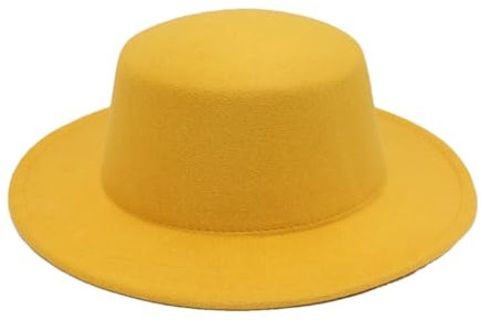 Fedora-Hut für Herren, 10 cm, große breite Krempe, feste Wolle, Jazz, flache Krempe, Filzhut, Damenhut, Gelb, 65 cm, 7/7 3/8