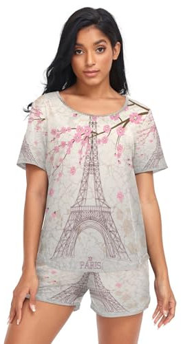 HMZXZ Damen Schlafanzug-Set Eiffelturm Paris Kirschblüte Sommer Pyjama Woman Set,Frankreich Paris Thema Loungewear und Shorts Lounge Set Sleepwear Nachtwäsche