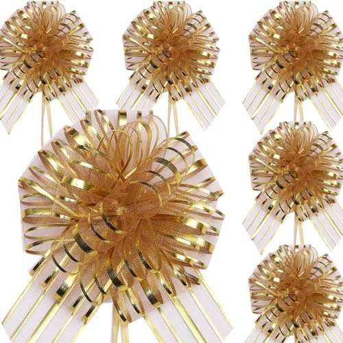 6 Stück 17 cm Große Ziehschleifen Gold Geschenkschleifen mit Band Dekorative Schleifen zum Verzieren von Geschenken, Tüten & Hochzeitsdekoration Ideal für Geburtstag, Weihnachten, Valentinstag
