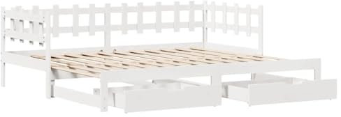 vidaXL Tagesbett, Bettsofa Ausziehbar mit Schubladen, Gästebett ohne Matratze mit Lattenrost, Ausziehbett Schlafsofa, Weiß 80x200cm Massivholz Kiefer