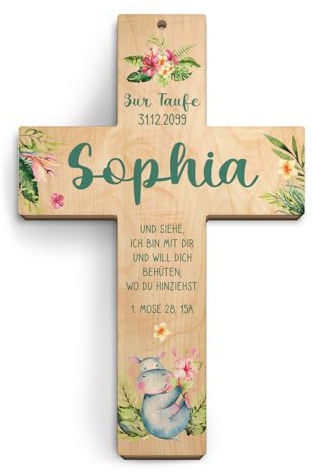 Taufkreuz personalisiert aus Holz Taufgeschenk Mädchen Junge 13x20cm - Nilpferd - Birkenholz Look
