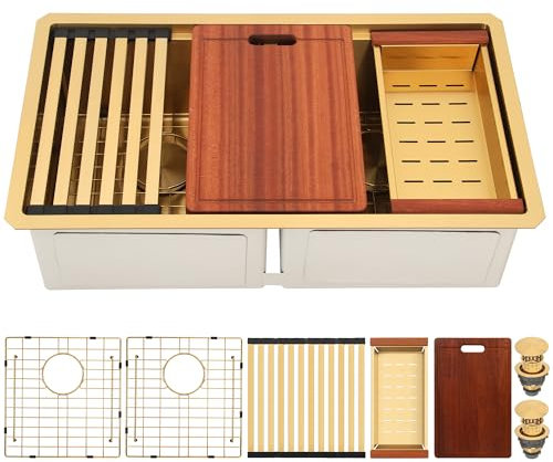 MILOSEN Gold Double Bowl Kitchen Sink, 32x18x10 inch 16 Gauge T304 Gold Stainless Steel Undermount Workstation Sinks, 10'' Deep 50/50 Double Bowl Basin, Handmade Sink with Accessories