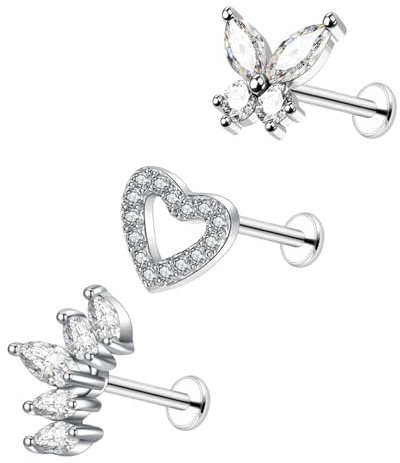 Besyvvin 3er Helix Lippenpiercing Stecker 6mm 8mm 10mm Chirurgenstahl Silber Gold Piercing Tragus Cartilage Knorpel Stecker Schmetterling Blume