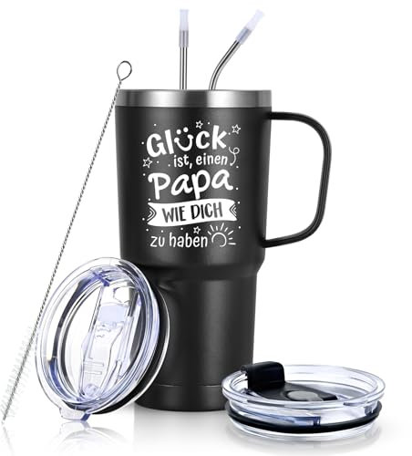 Livole Papa Geschenk, Vatertagsgeschenke - Glück ist einen Papa wie dich zu haben - Geschenke für Vater von Tochter, Vatertag Thermobecher, 600ml Bierglas aus Edelstahl, 20oz Thermobecher mit Henkel